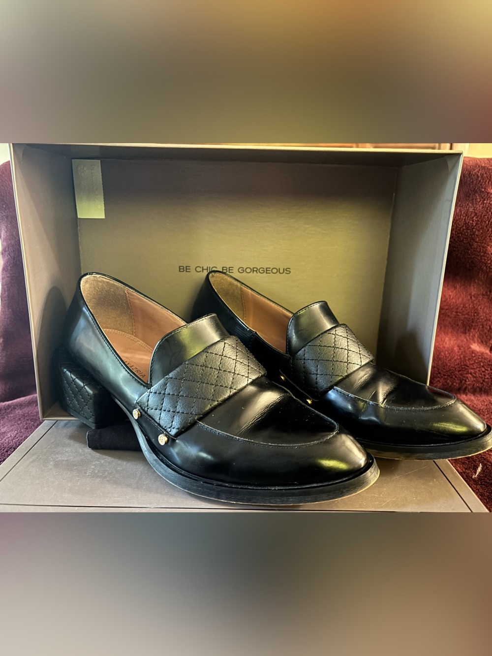 BCBGMaxAzria Black Quilted Leather Block Heel Loafers